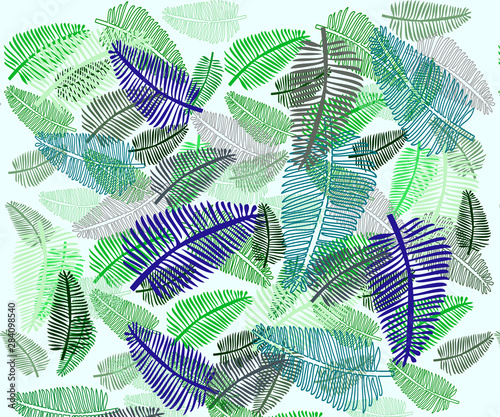 Stylish vector pattern with leaves. Tropical vibrant fern and palm leaves. Tr...