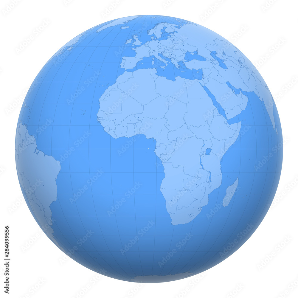 Sao Tome and Príncipe on the globe. Earth centered at the location of the Democratic Republic of Sao Tome and Príncipe. Map of Sao Tome and Príncipe. Includes layer with capital cities.