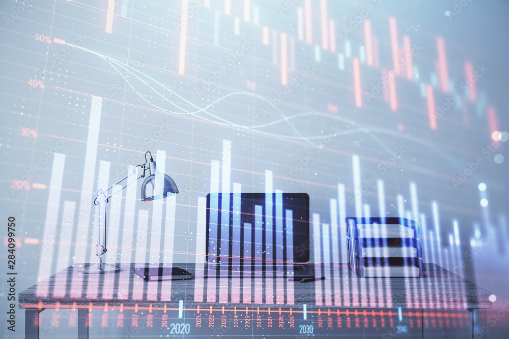 Stock market chart and desktop office computer background. Multi exposure. Concept of financial analysis. Stock market chart and desktop office computer background. Multi exposure. Concept of financial analysis.