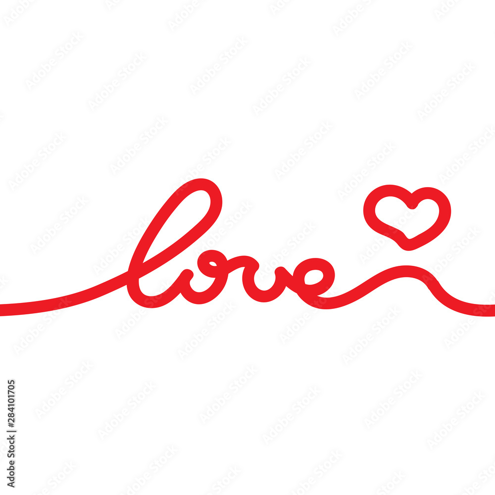 Continuous red line drawing hearts and word Love. Minimalist love concept. Vector illustration Continuous red line drawing hearts and word Love. Minimalist love concept. Vector illustration