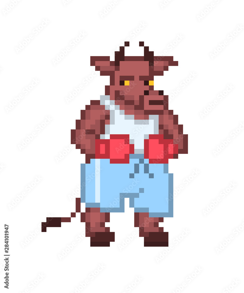Bull boxing, pixel art character isolated on white background. 8 bit combat sport logo. Retro vintage 80s; 90s slot machine/video game graphics. Ox on kickboxing workout. Animal MMA fighter mascot. Bull boxing, pixel art character isolated on white background. 8 bit combat sport logo. Retro vintage 80s; 90s slot machine/video game graphics. Ox on kickboxing workout. Animal MMA fighter mascot.