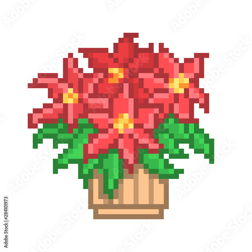 Red poinsettia flower in a pot  pixel art symbol of Christmas isolated on white background. 8 bit houseplant shop logotype. Old school vintage retro slot machine video game graphics.