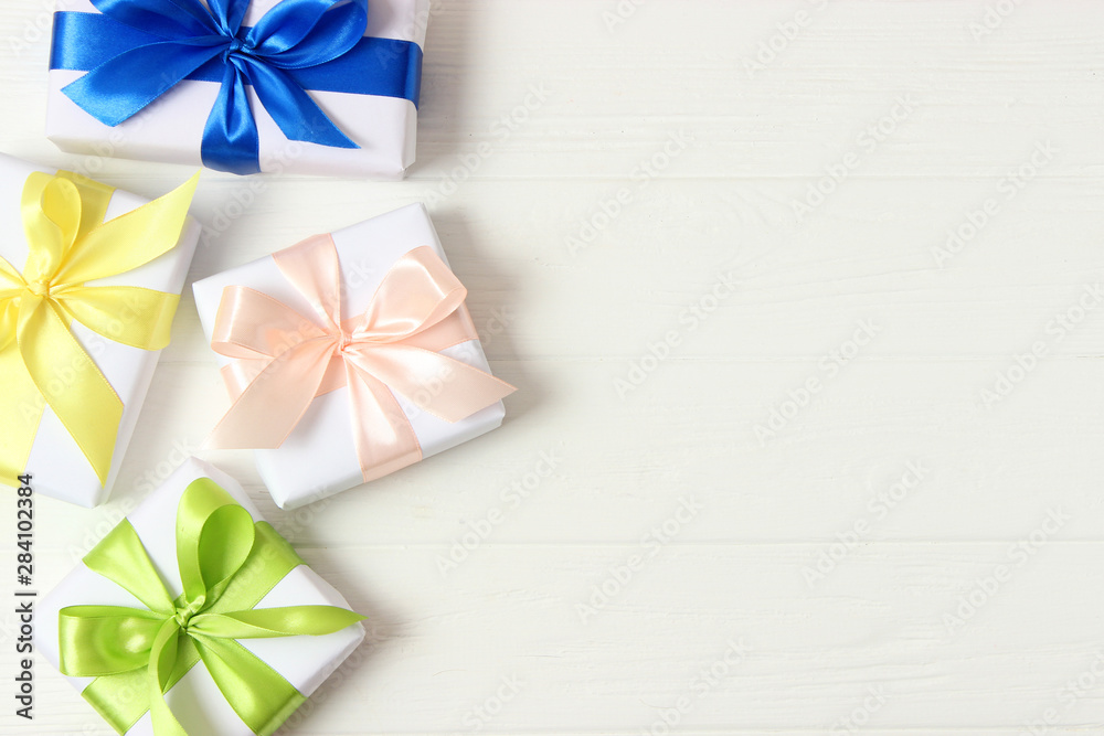 gifts on a colored background top view. Holiday, giving presents, birthday. gifts on a colored background top view. Holiday, giving presents, birthday.