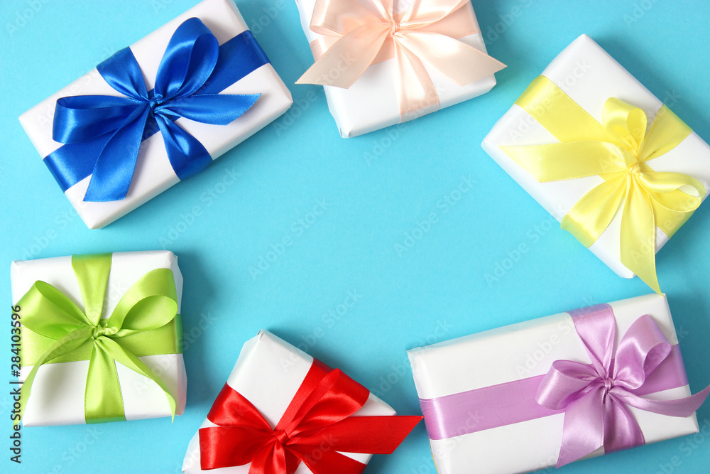 gifts on a colored background top view. Holiday, giving presents, birthday. gifts on a colored background top view. Holiday, giving presents, birthday.