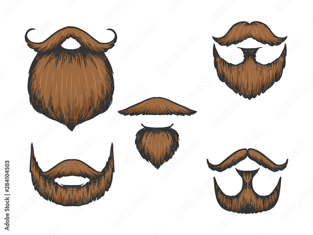 Beard and moustache color sketch engraving vector illustration. Scratch board style imitation. Black and white hand drawn image.