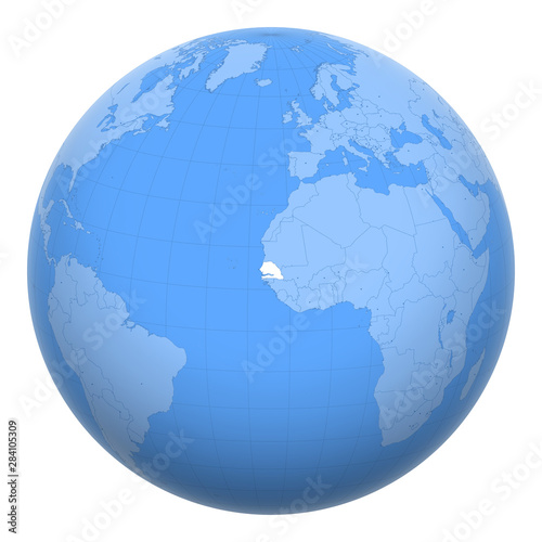 Senegal on the globe. Earth centered at the location of the Republic of Senegal. Map of Senegal. Includes layer with capital cities.