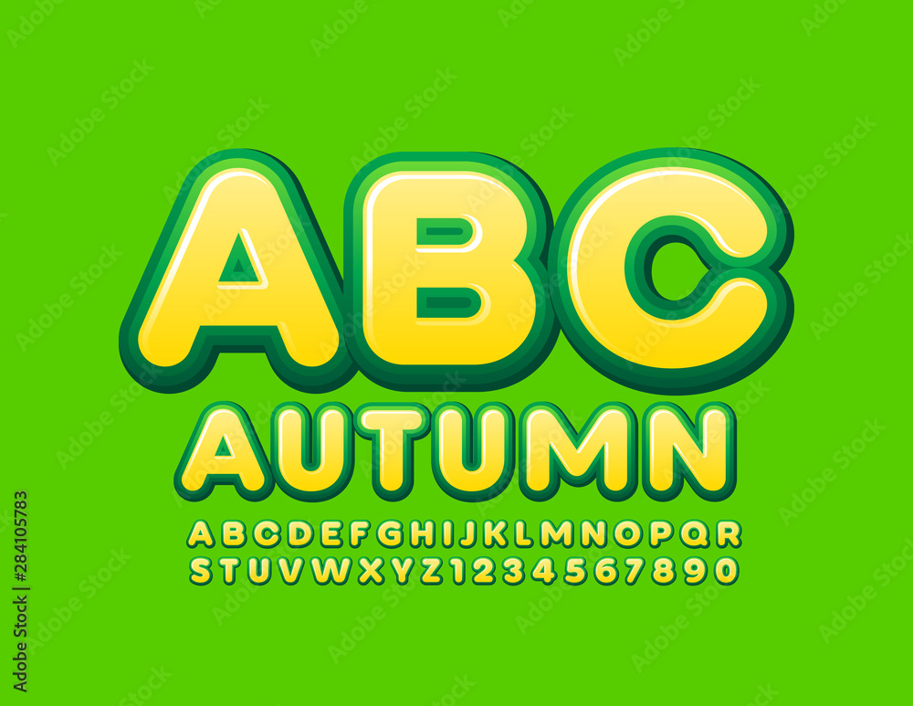 Vector Autumn Alphabet. Green and Yellow Uppercase Font. Bright shiny Letters and Numbers Vector Autumn Alphabet. Green and Yellow Uppercase Font. Bright shiny Letters and Numbers