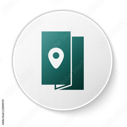 Green Cover book travel guide icon isolated on white background. White circle button. Vector Illustration