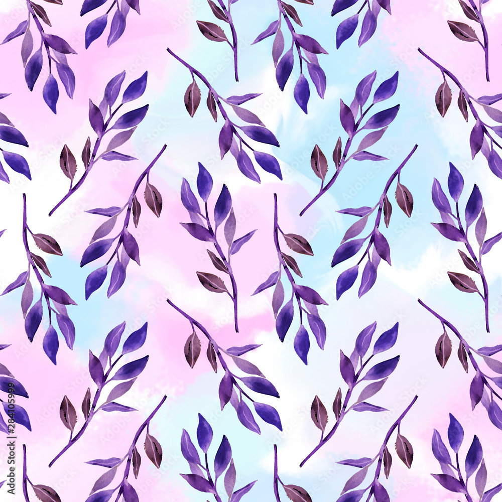 Fototapeta Water-colour hand painted botanical leaves and branches illustration seamless pattern, wallpaper, wrapping paper.
