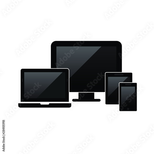 Smart Devices icon. Phone icon, tablet, laptop icon, computer screen. Symbol of notebook and mobile phone. Smart vector electronic device isolated on white background. 