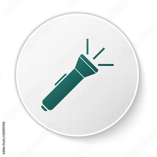 Green Flashlight icon isolated on white background. White circle button. Vector Illustration