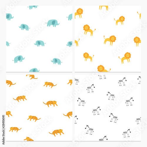 Cute elephant, lion, leopard, zebra set of seamless patterns. Vector hand drawn illustration. Nursery background for kids room, clothes or paper design. Sketch style minimalistic illustration.