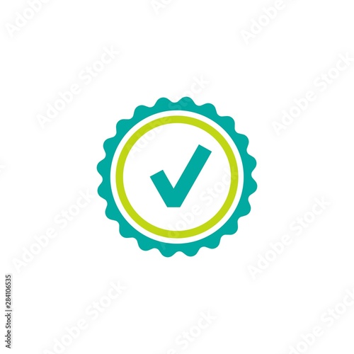 Valid Seal icon. Blue circle with ribbon outline and blue tick. Flat OK sticker icon.