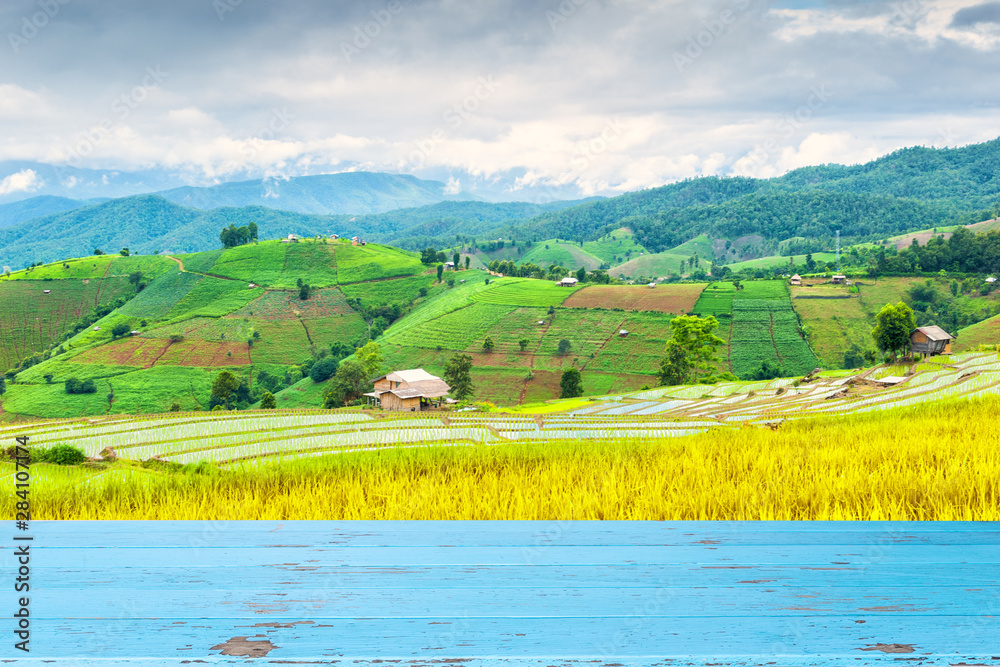 Blue wooden table on the background, yellow and green fields with copy space.