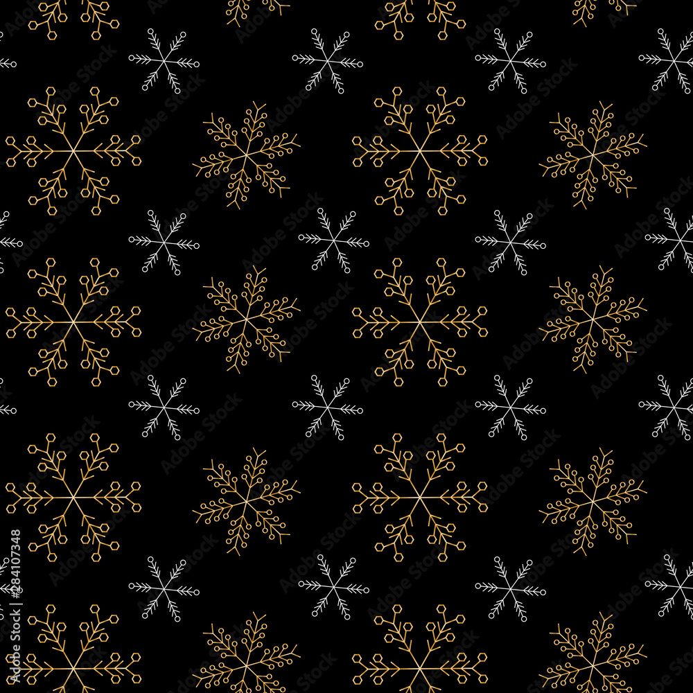 New year seamless repeat pattern with white and gold snowflakes at the black background. Usable for party invitations, cards, posters, wrapping paper, packaging, textile. Vector illustration New year seamless repeat pattern with white and gold snowflakes at the black background. Usable for party invitations, cards, posters, wrapping paper, packaging, textile. Vector illustration