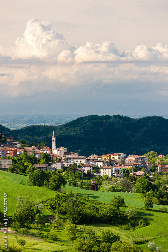 landscape with village Vernasca, Italy