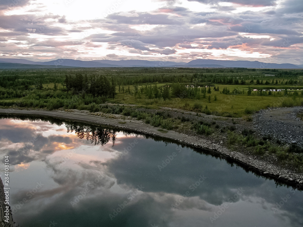 River landscape. Northern reindeer in summer forest. The sky, gr