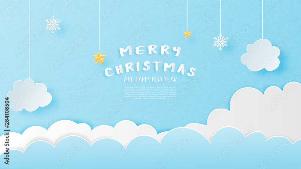 Fototapeta Merry Christmas and Happy new year greeting card in paper cut style. Vector illustration Christmas celebration background with clouds and snowflakes in sky. Banner, flyer, poster, wallpaper, template.