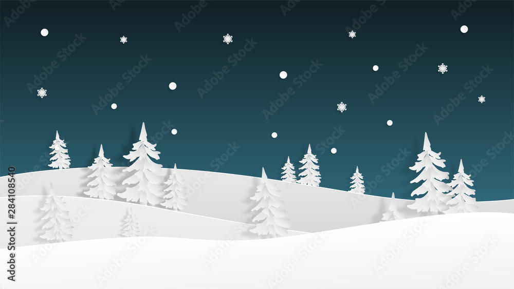 Winter landscape view in the night with snowflakes background in paper cut style. Vector illustration with snow field and pine tree. Design for poster, wallpaper, backdrop, banner, template, cover.