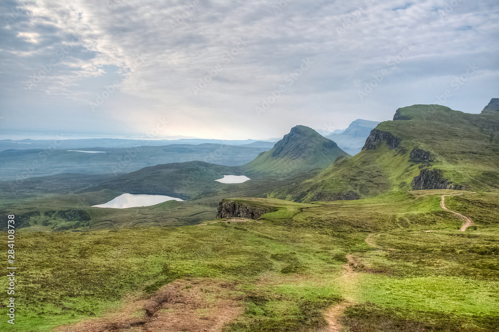 View of the landscape surrounding the Quiraing, Isle of Skye, Scotland, UK View of the landscape surrounding the Quiraing, Isle of Skye, Scotland, UK