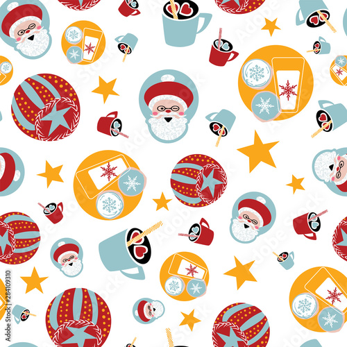 Santa Claus seamless pattern with cookies and milk, ornaments and stars. Vector