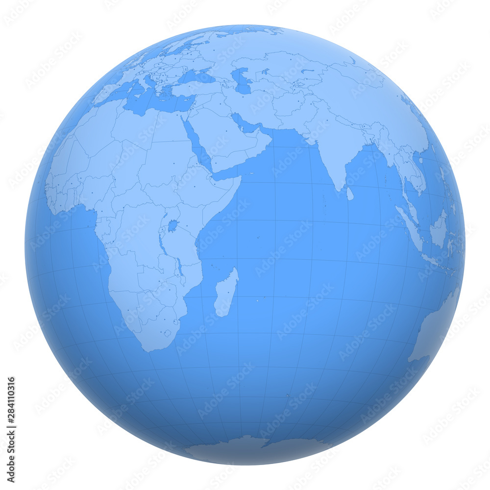 Seychelles on the globe. Earth centered at the location of the Republic of Seychelles. Map of Seychelles. Includes layer with capital cities.