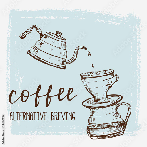 Poster template with hand drawn coffee brewing process.
