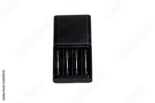 Black Charger for Four Rechargeable Batteries, on white background