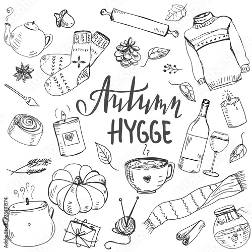Set of hand drawn cute elements for making autumn cosy mood.