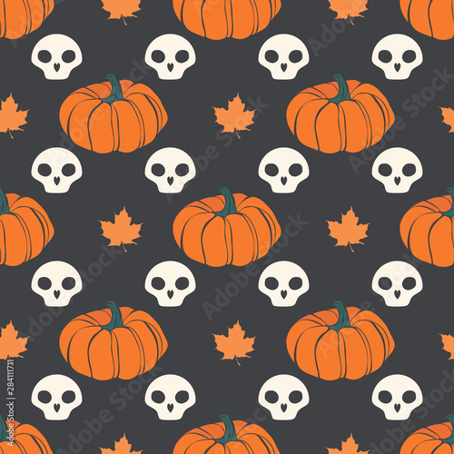 Seamless pattern with pumpkin, leaves and skulls