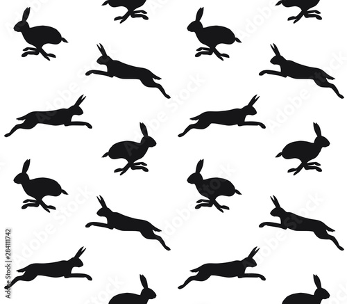 Tela Vector seamless pattern of black hare silhouette isolated on white background