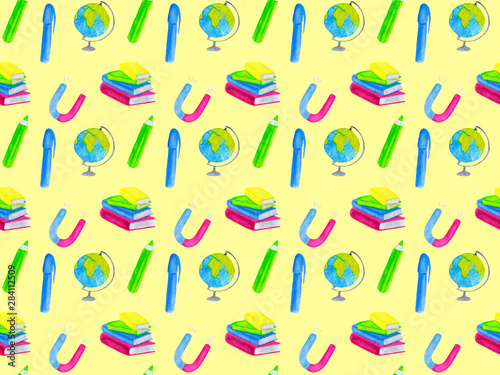 Back to school watercolor seamless pattern with magnet, globe, books, pen and pencil. Pattern for fabric and textile on yellow background. Hand drawn illustration