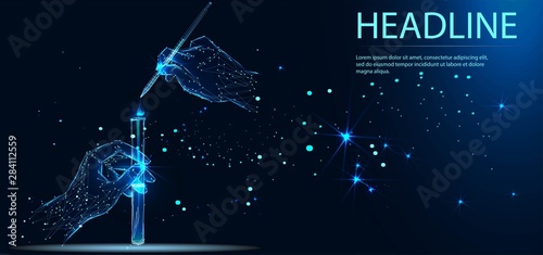 Scientist or laboratory test tube and medicine dropper in hands, science research concept. Banner. Low poly vector illustration. Vector medicine illustration. Headline