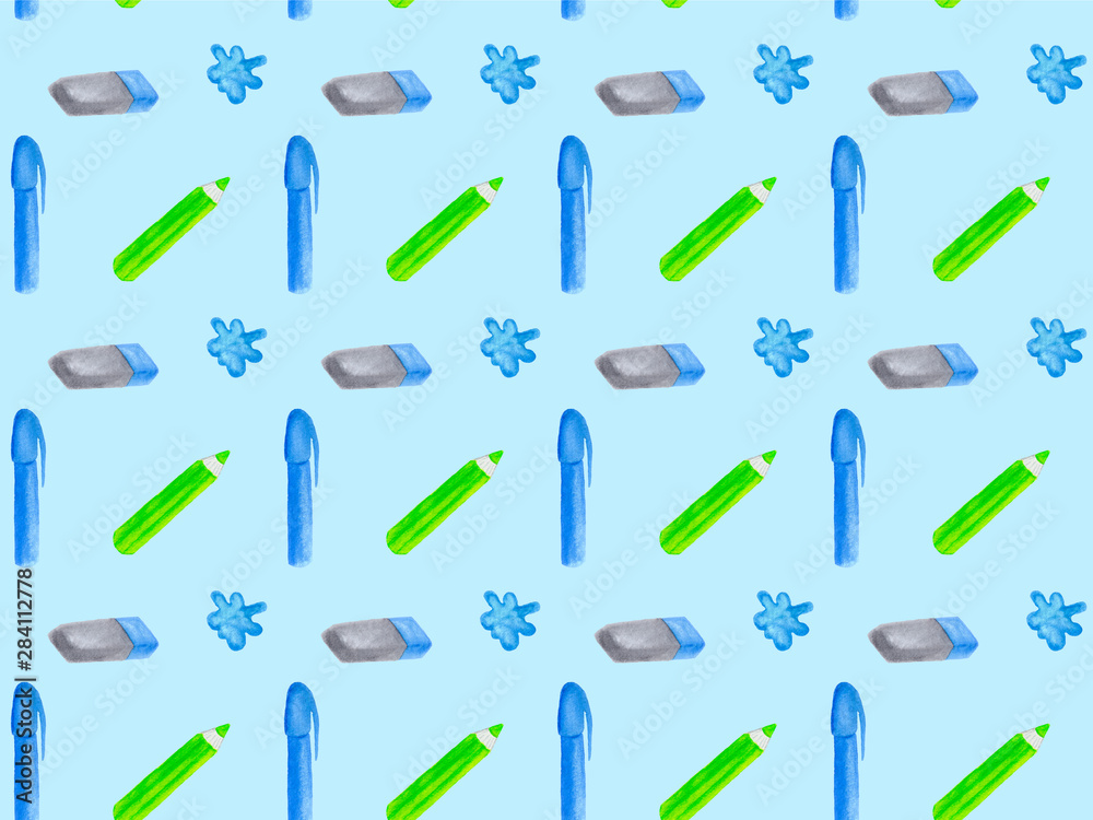 Back to school watercolor seamless pattern with pen, pencil rubber and ink blot. Pattern for fabric and textile on blue background. Hand drawn illustration of stationery items Back to school watercolor seamless pattern with pen, pencil rubber and ink blot. Pattern for fabric and textile on blue background. Hand drawn illustration of stationery items