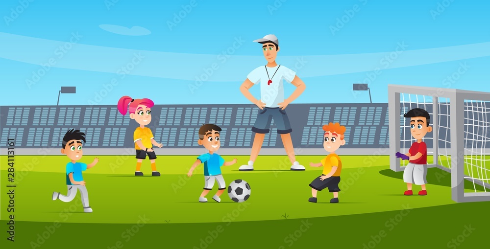 Sports for Children Soccer Training Cartoon Flat. Sports for Children Soccer Training Cartoon Flat.