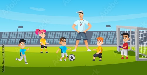 Sports for Children Soccer Training Cartoon Flat. 