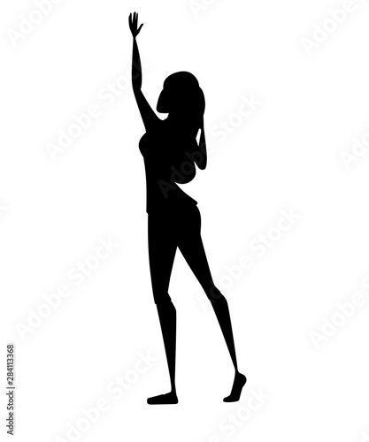 Black silhouette young happy woman with up raised hand cartoon character design flat vector illustration isolated on white background