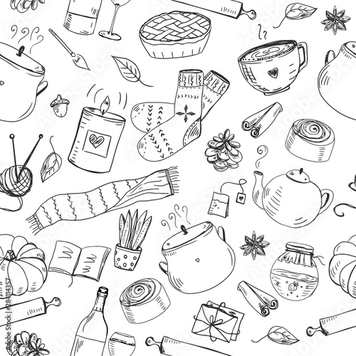 Autumn seamless pattern with hand drawn cute elements for making cosy mood.