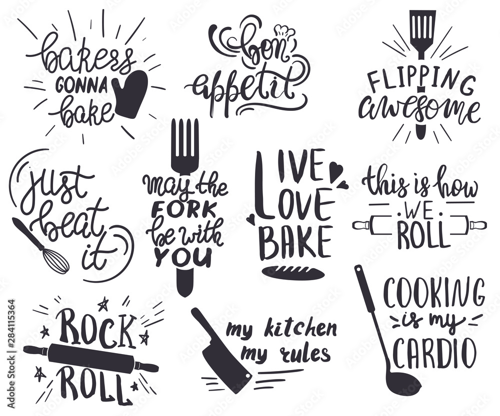 Set of hand drawn funny sayings for kitchen or restaurant poster Stock  Vector