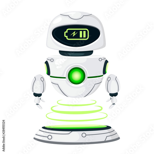 Cute white modern levitating robot charges at the docking station flat vector illustration isolated on white background