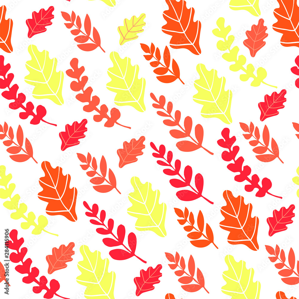 Autumn seamless background with orange, yellow and red leaves on white background. Pattern with natural motifs. Autumn seamless background with orange, yellow and red leaves on white background. Pattern with natural motifs.