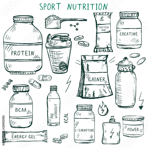 Set of hand drawn sport nutrition items: