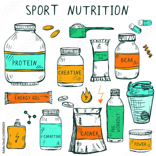 Set of hand drawn sport nutrition items: