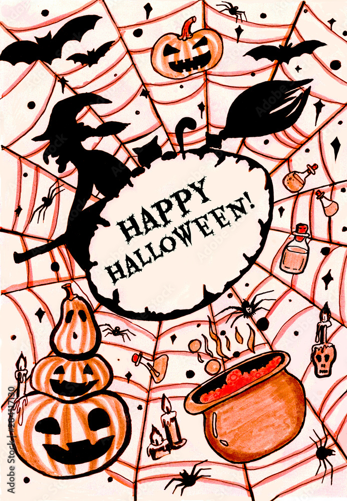 Happy Halloween background. Hand drawn, halloween party background, black cat, witch on broom stick, pumpkins, web, bat, poison bot. Design for halloween party, gift paper, wallpaper, card, banner.