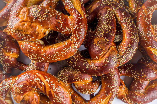 Many pretzels on a white background