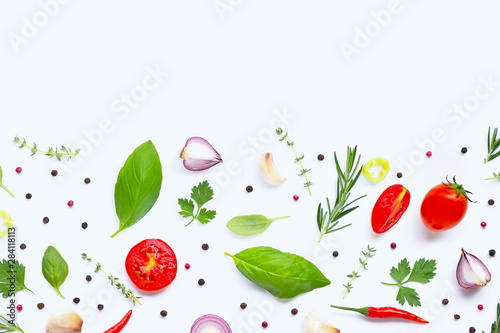 Wallpaper Mural Various fresh vegetables and herbs on white background. Healthy eating concept Torontodigital.ca