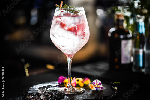 tonic gin with  fresh raspberry and rosemarie plant