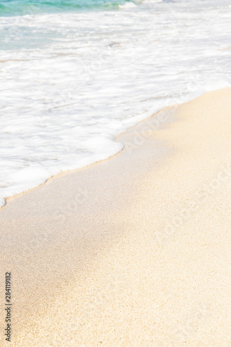 Soft foamy wave on the sandy shore. Background  space for text. Vertical.