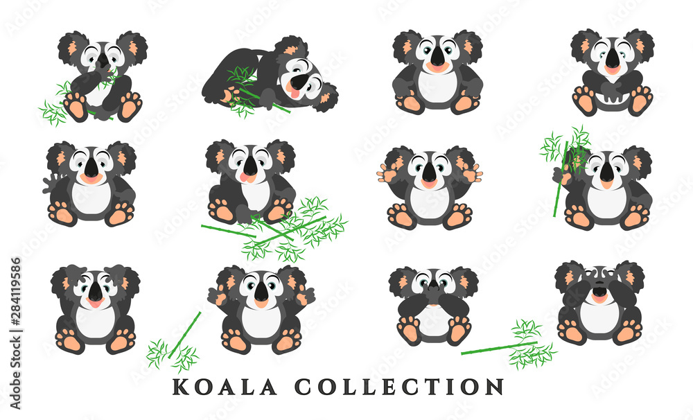Set cartoon funny koalas. Collection of gray animals with emotions on a white background. Isolated, in a flat style. Vector illustration.