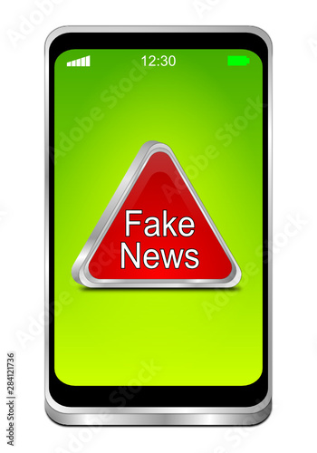 Smartphone with Fake News warning sign - 3D illustration